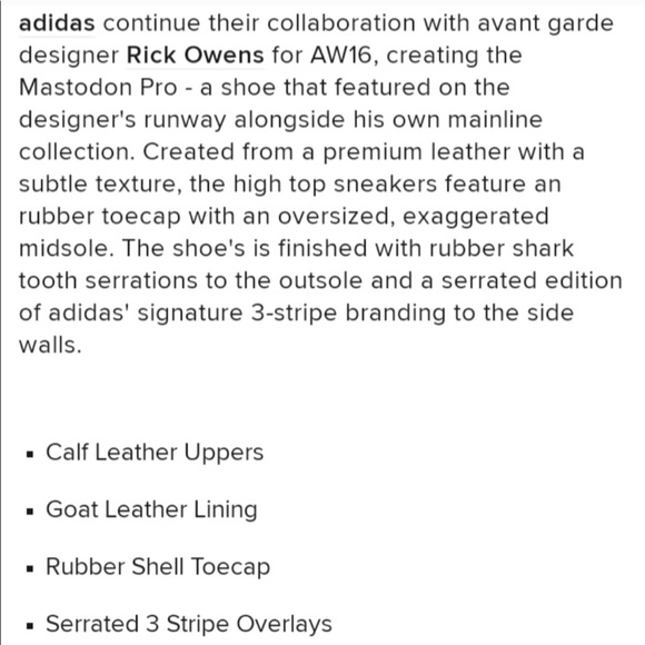 RICK OWENS | ADIDAS MASTODON PRO HIGH TOP LEATHER SNEAKERS HYPEBEAST FW16 - Picture 16 of 17